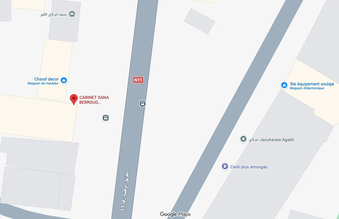 Plan d’accès : le cabinet se trouve avenue Mohamed V, en face de la route N11, à côté de Charaf Decor et près de la grande mosquée d’Amougay